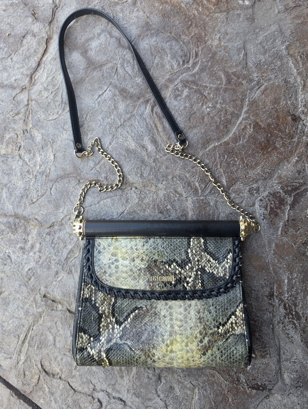 Just Cavalli Women’s Snake Print Shoulder Bag Black Gold Chain Detachable Strap